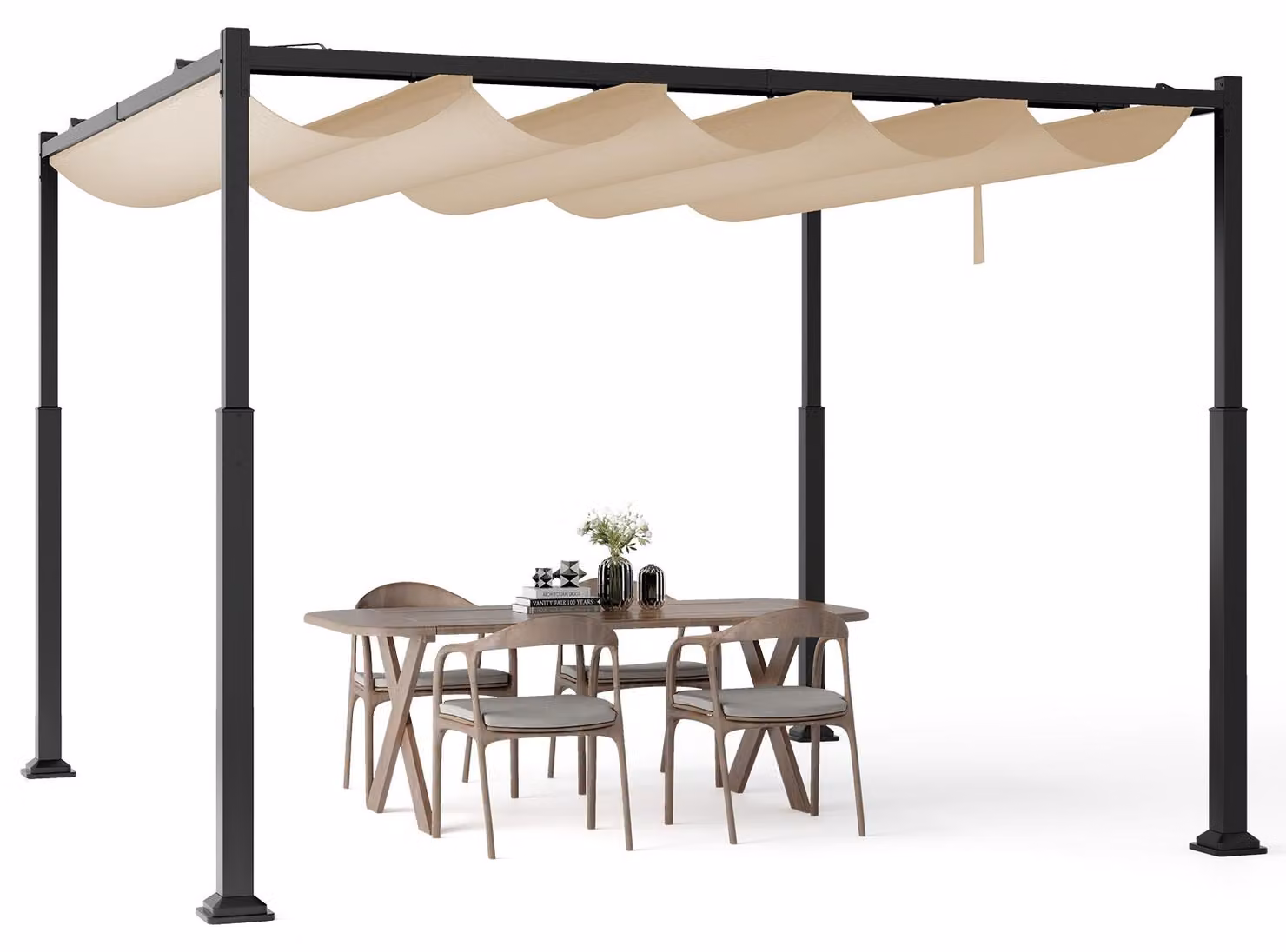 COSTWAY Pergola 3,1x3,1 m con tetto scorrevole, gazebo impermeabile, stabile e resistente alle intemperie, gazebo da giardino con robusti montanti in metallo, beige
