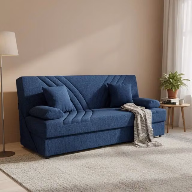 Divano letto Apicella DMORA con contenitore, modello a 3 posti in tessuto blu con apertura click-clack e 2 cuscini inclusi, L: 181 cm, P: 81 cm, H: 88 cm – 1
