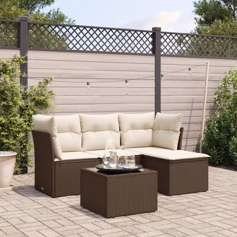 vidaXL Set Divano da Giardino 5 pz in Polyrattan Marrone con Cuscini e Tavolino da Caffè