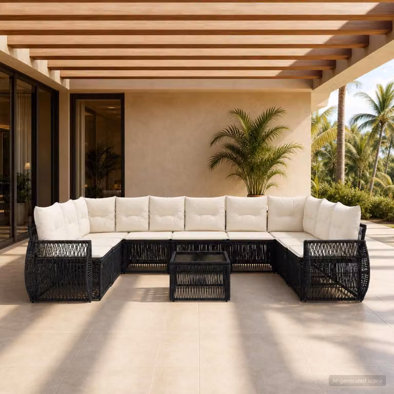 vidaXL Set Divano da Giardino Moderno a Forma di U in Polyrattan con 11 Pezzi, Nero e Bianco Crema