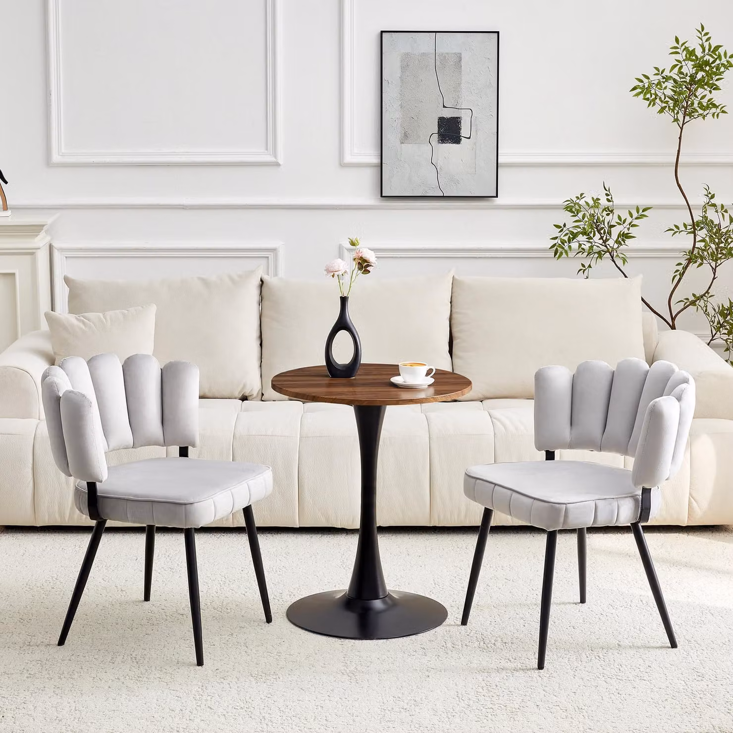 Set tavolo e sedie, tavolo rotondo da 60 cm, in MDF, 2 sedie imbottite, schienale a forma di petalo (grigio chiaro, noce e nero)