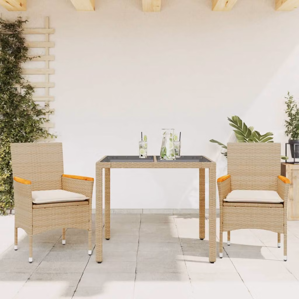 Set da pranzo da giardino vidaXL in polyrattan e legno di acacia con cuscini beige e piano in vetro bianco, 3 pezzi – 1