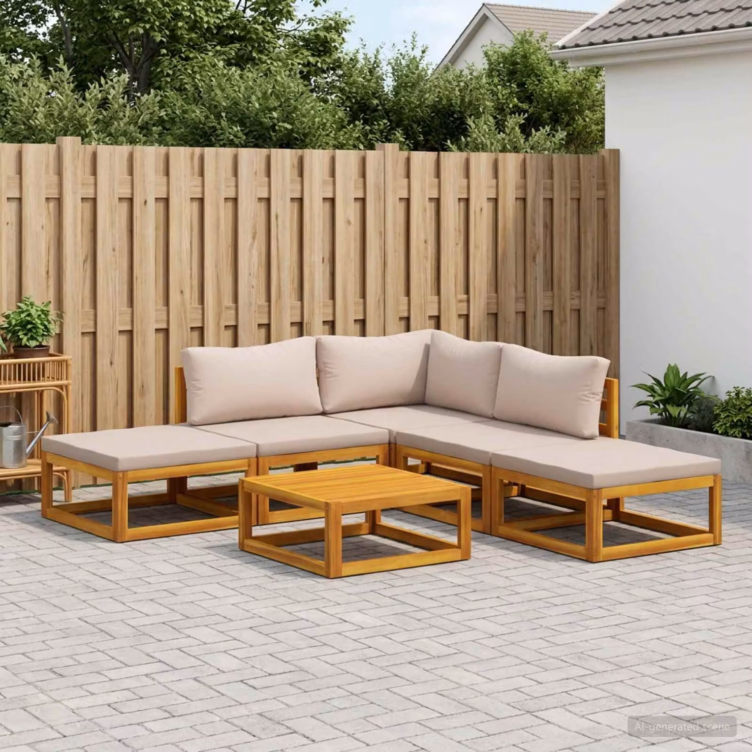 Set di divani da giardino vidaXL in legno di acacia massello con pouf e tavolino, 6 pezzi, marrone e beige