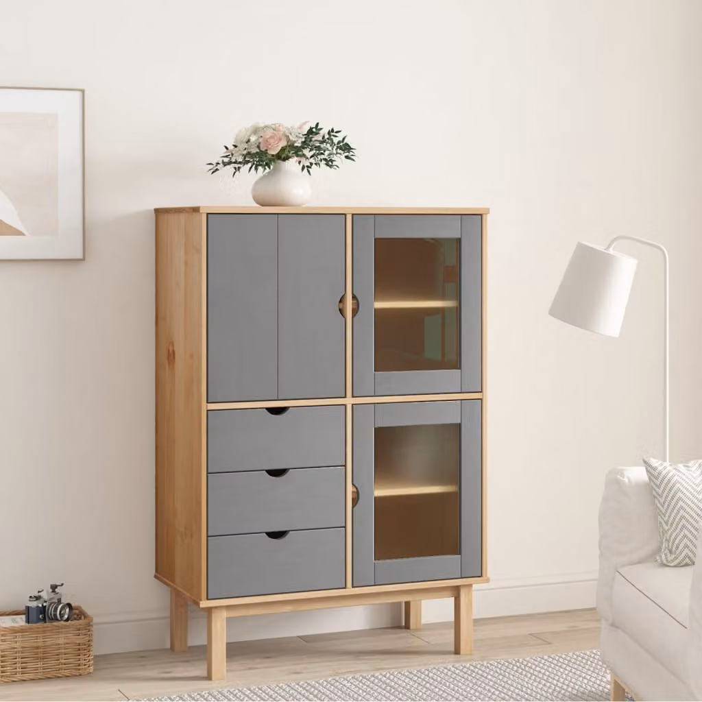 Credenza OTTA vidaXL in legno di pino stile rustico, Marrone e Grigio, L 85 cm x P 43 cm x H 125 cm