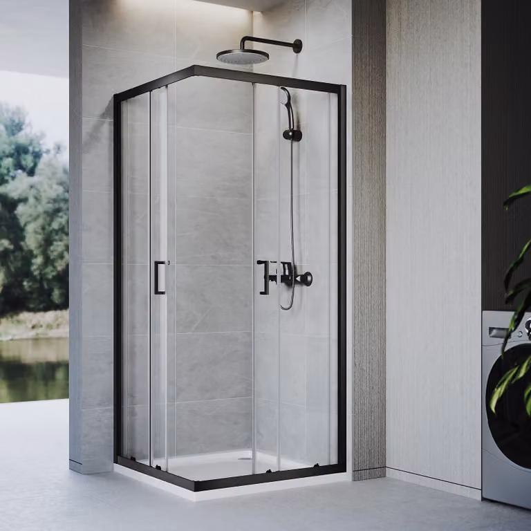 Cabina doccia SONNI 80 x 80 x 185 cm nero opaco, porta scorrevole con binario superiore e inferiore, vetro da 5 mm, telaio della porta con possibilità di regolazione di 20 mm