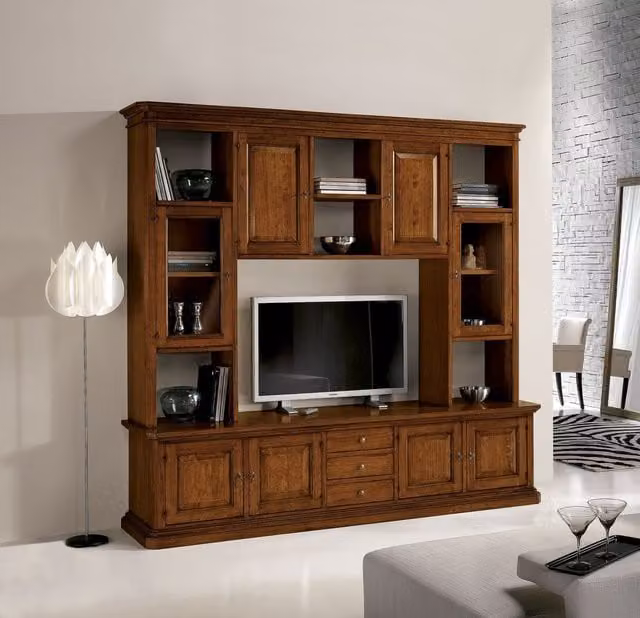 Libreria porta TV in legno stile arte povera marrone Mobili 2G L: 250 cm, P: 60 cm, H: 240 cm