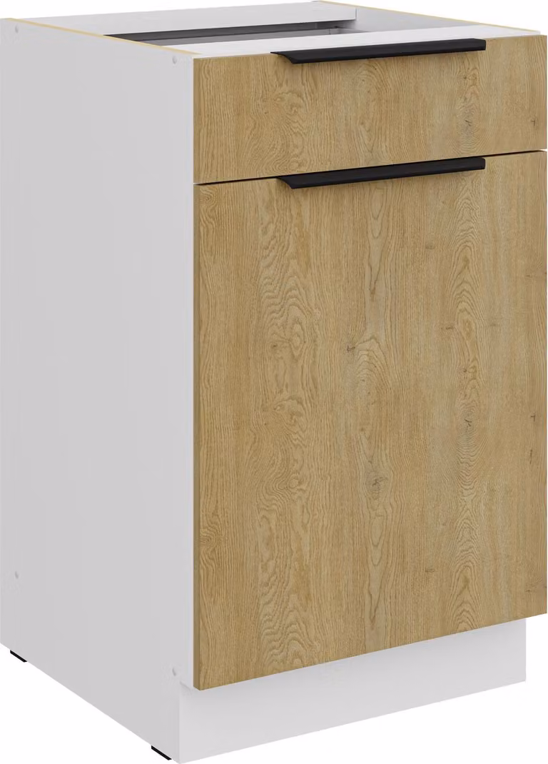 Mobile base da cucina 50 cm CREMONA, rovere chiaro + bianco opaco, cassetto a estrazione totale con chiusura ammortizzata, cucina, angolo cottura, cucina componibile, blocco cucina