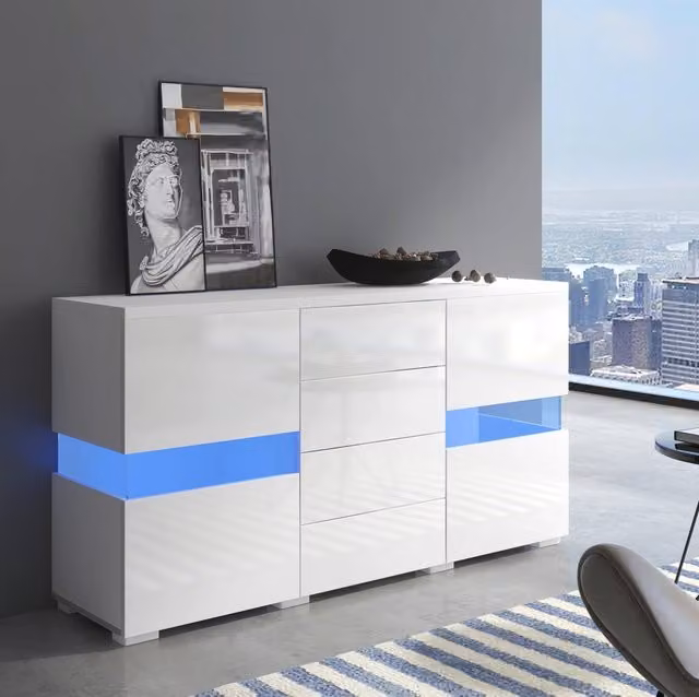 Sideboard moderno MODFU bianco con illuminazione LED integrata, 2 ante in acrilico e 4 cassetti, Larghezza: 140 cm – 1