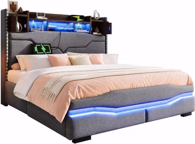 Letto imbottito 140x200 cm con testiera contenitore, luci LED App, presa USB e Type-C, sollevamento idraulico, struttura in MDF e tessuto grigio