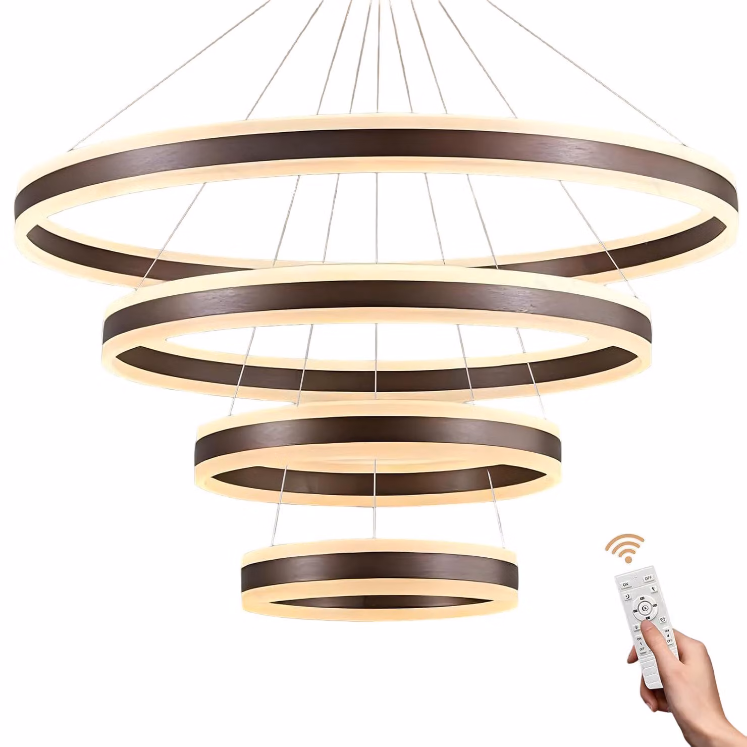 Lampada a sospensione a LED, 4 anelli, dimmerabile, design moderno, colore marrone, altezza regolabile da 40 a 100 cm