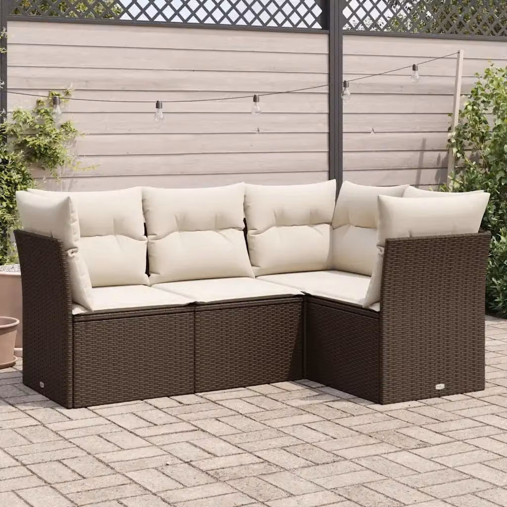 Set Divano da Giardino a L con Cuscini Design In, Marrone e Bianco, Struttura in Metallo e Polyrattan – 2