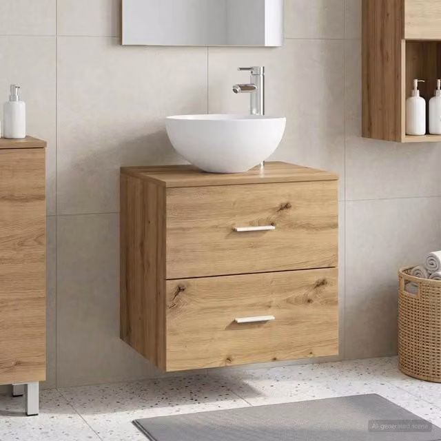 Mobiletto da bagno sospeso vidaXL in legno rovere marrone con cassetti e ante, stile moderno