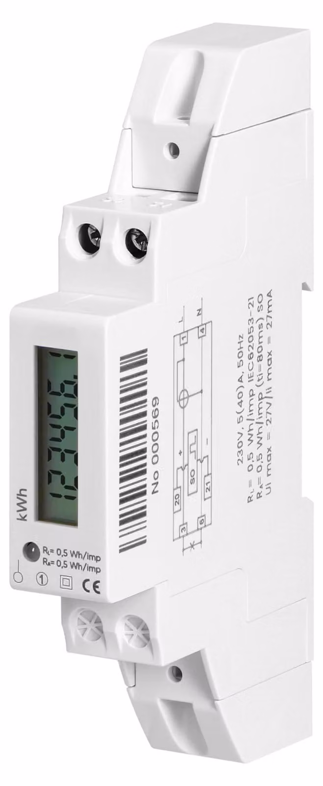 Contatore di energia elettrica monofase, 40A, per montaggio su guida DIN