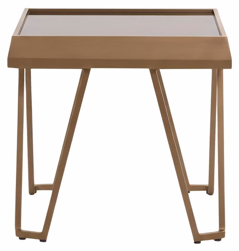 Tavolino dorato con struttura in legno e gambe alte, stile minimalista