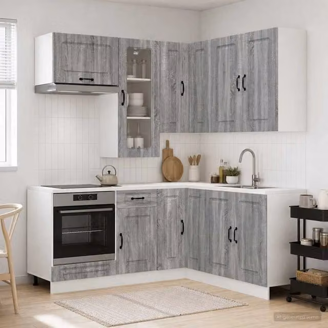 Unità cucina moderna vidaXL KALMAR composta da 8 pezzi in legno ingegnerizzato grigio con ante in vetro e scaffali aperti – 1