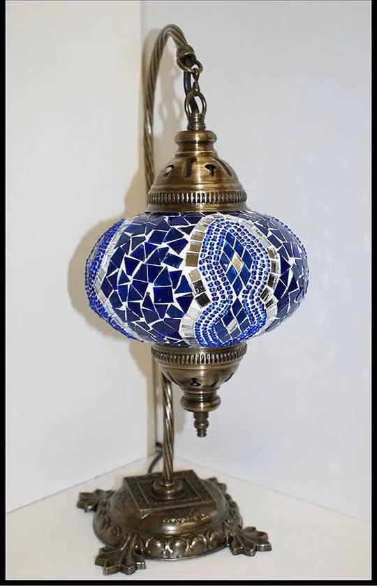 Lampada da tavolo turca con sfera in mosaico blu da 12 cm – Lampada orientale realizzata a mano per un'illuminazione suggestiva