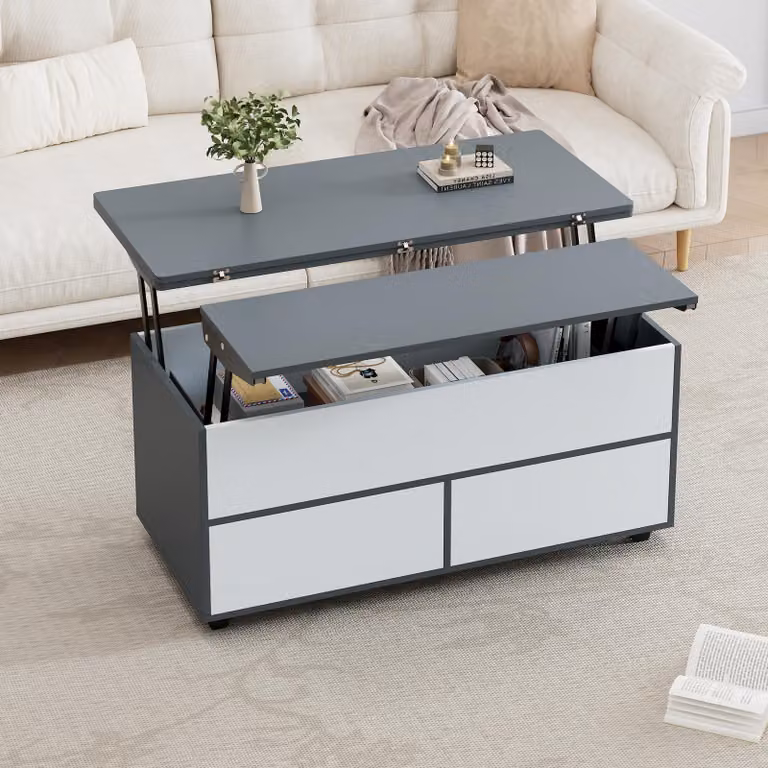 Tavolino Merax 100x98x65cm con cassetti e ripiano, tavolino da salotto regolabile in altezza con rotelle e vano portaoggetti, tavolino multifunzionale grigio