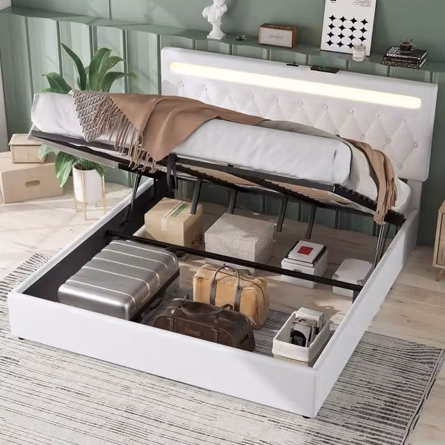 Letto imbottito contenitore con LED ¨C Minimal ¨C Bianco idraulico 180x200cm
