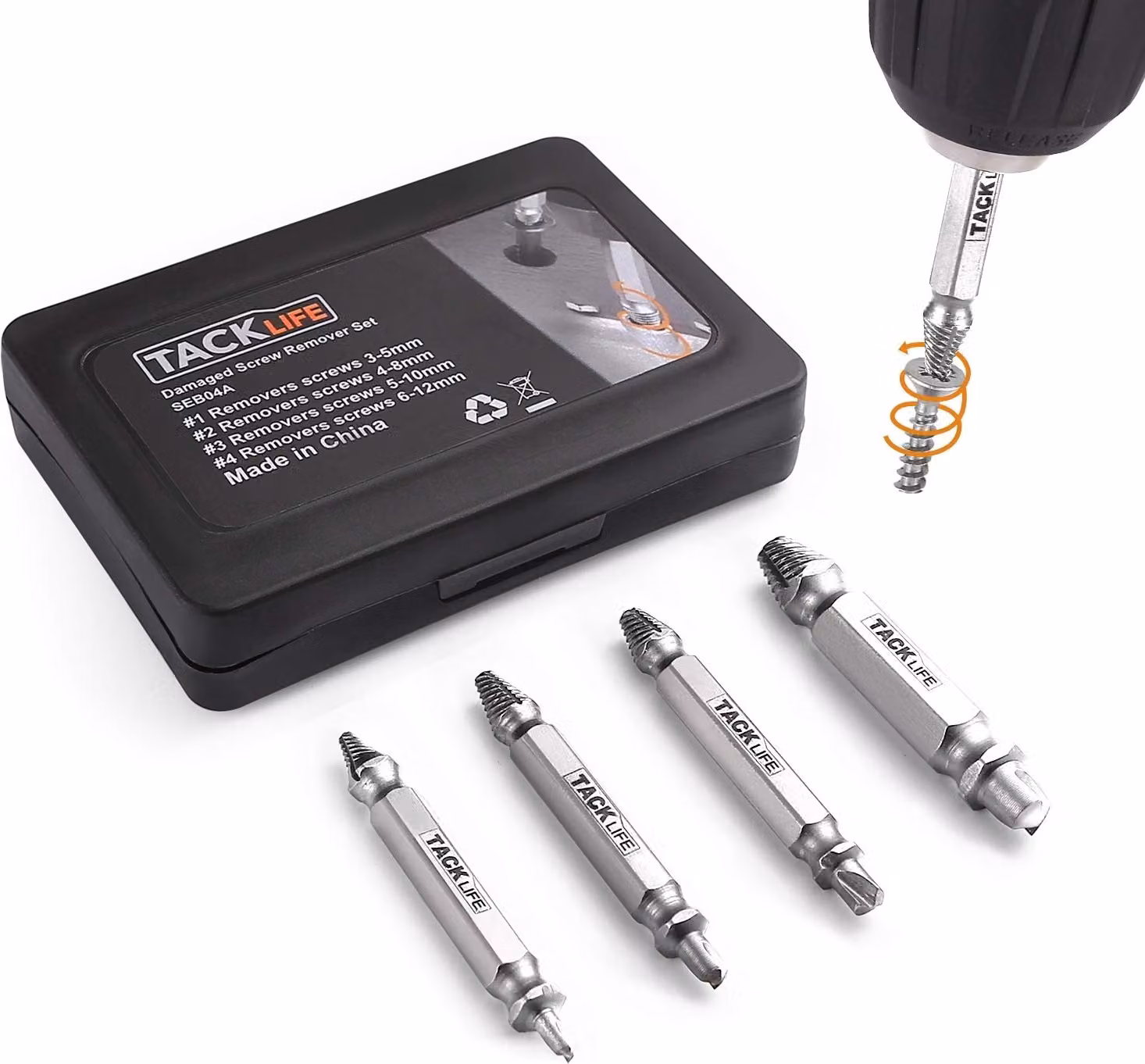Set di estrattori per viti danneggiate Tacklife, 4 pezzi con custodia - SEB04A