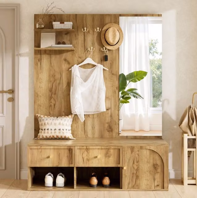 Guardaroba da ingresso moderno con specchio, cassetti integrati e ganci, colore marrone, L 120 cm x P 35 cm x H 159 cm