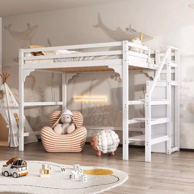 Letto a soppalco con rete a doghe ¨C Minimal ¨C Bianco, 140x200 cm, con scaletta e armadio portaoggetti