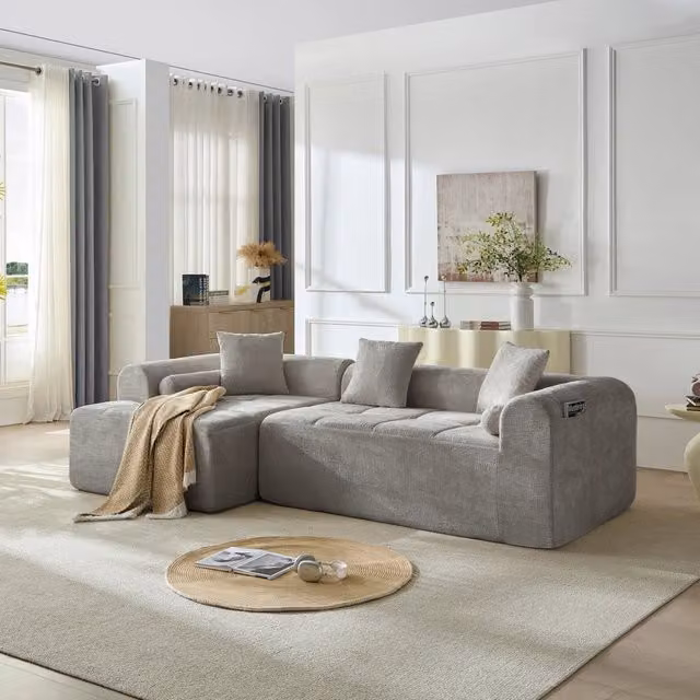 Divano con seduta a molle e schiuma ad alta densità; tasca laterale; in chenille grigio chiaro