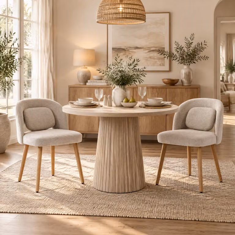 Set di due sedie da pranzo, in legno, imbottite e con cuscini