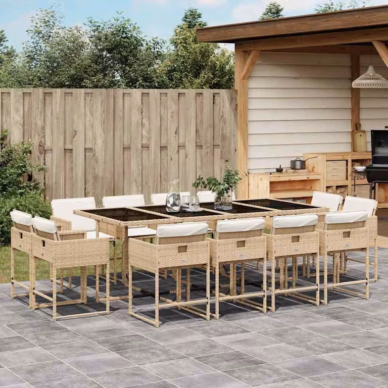 Set da Pranzo da Giardino vidaXL in Polyrattan con Cuscini Beige e Piano in Vetro, 13 pz