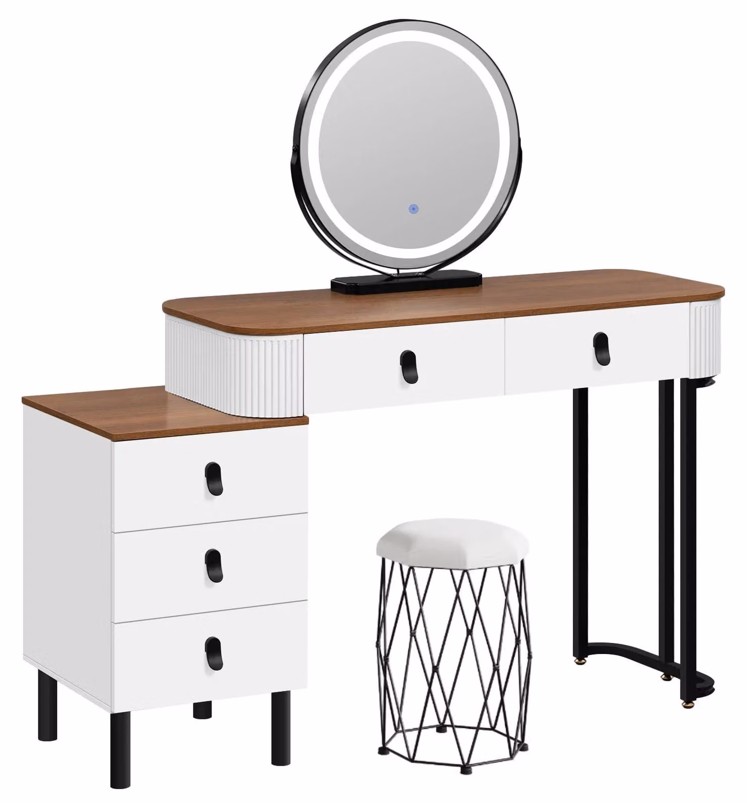 Tavolino da trucco - Tavolino per cosmetici - Specchio LED con 3 colori di luce regolabili - 5 cassetti - Include uno sgabello - Dimensioni: 100 x 125 x 40 cm - Struttura in legno