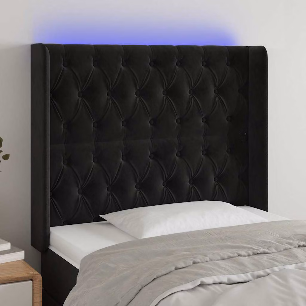 Testiera per letto con illuminazione LED e porta di ricarica USB vidaXL in velluto nero, L 93 cm, P 16 cm, H 118-128 cm
