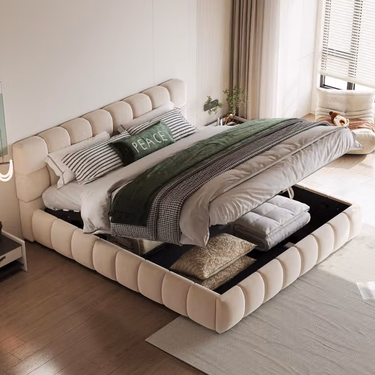Letto imbottito idraulico Flieks 140x190 cm con contenitore, letto matrimoniale per ragazzi con contenitore e rete a doghe, letto boxspring in velluto, beige