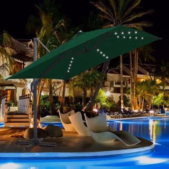 Parasole da giardino grande MERKLOOS verde con LED, protezione UV UPF 50+ in poliestere e acciaio inossidabile