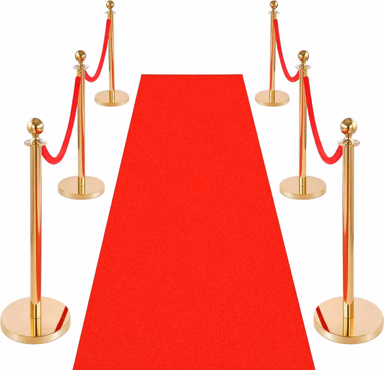 Set di pali di delimitazione - Sistema di guida persone con pali di delimitazione - 6 pali e 4 corde in velluto (1,5 m) - Tappeto VIP rosso 8 m - Base ricaricabile - Per eventi, hotel, cinema - Oro