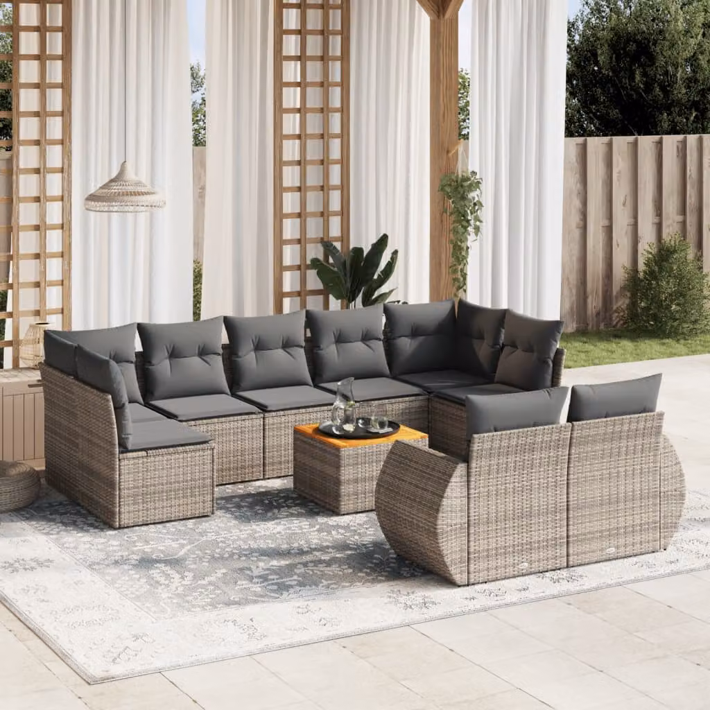 vidaXL Set Divano da Giardino 10 pz in Polyrattan e Legno di Acacia Grigio con Cuscini Rimovibili – 1