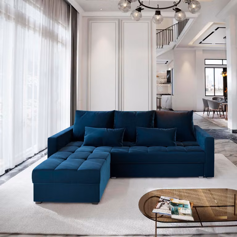 Divano angolare KOS PIK di Masseno con funzione letto a L, divano con box letto, divano da soggiorno, divano, divano letto, set di divani - blu, KRONOS 09