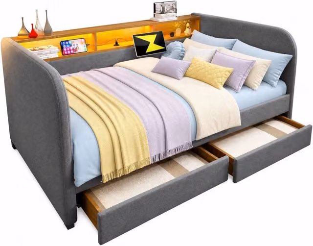Letto divano 140 × 190 cm 2 posti con 2 cassetti, LED regolabile, USB e Type-C, senza materasso, in lino grigio