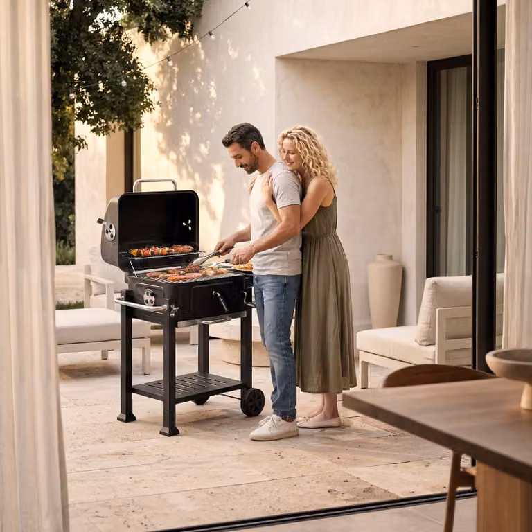 Barbecue a carbonella tectake nero con termometro, griglia riscaldante e ruote in acciaio