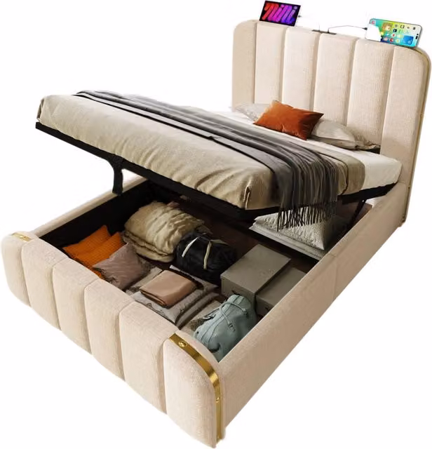 Letto singolo imbottito 90x200 cm con contenitore idraulico; lino beige e testiera USB-C