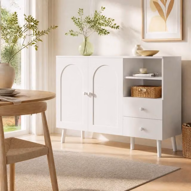 Credenza con 2 ante 2 cassetti e vani aperti in MDF e pannello truciolare bianca 118 × 35 × 82 cm