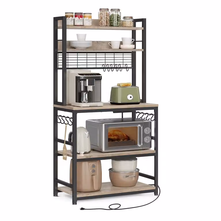Scaffale Cucina con Multipresa Marrone Vintage e Nero, Greige + Nero / 40 x 80 x 170 cm