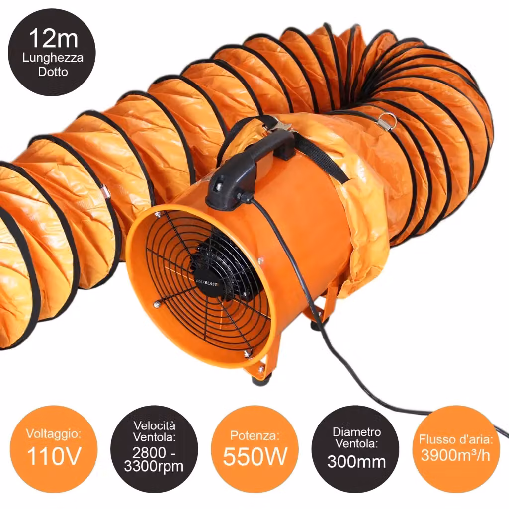 Ventilatore Estrattore Aria Industriale Reversibile MAXBLAST con Tubo Dotto da 12m, Diametro 300mm, Colore Arancione e Acciaio, 110V – 2
