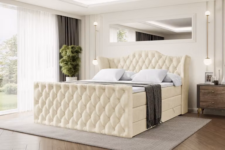 Letto boxspring ALTDECOR con pediera, 2 materassi e topper - 120x200 cm - VILA-Z KING - Velluto beige - Letto imbottito con materassi H3 e H4, contenitore e rete a doghe, letto con spazio contenitivo