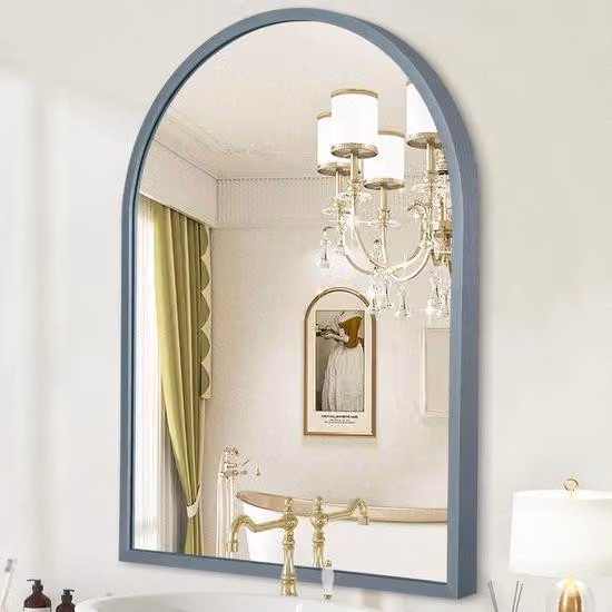 Specchio da parete in alluminio con specchio da bagno curvo, moderno specchio da appendere per soggiorno, camera da letto, ingresso, cornice in metallo spazzolato, grigio