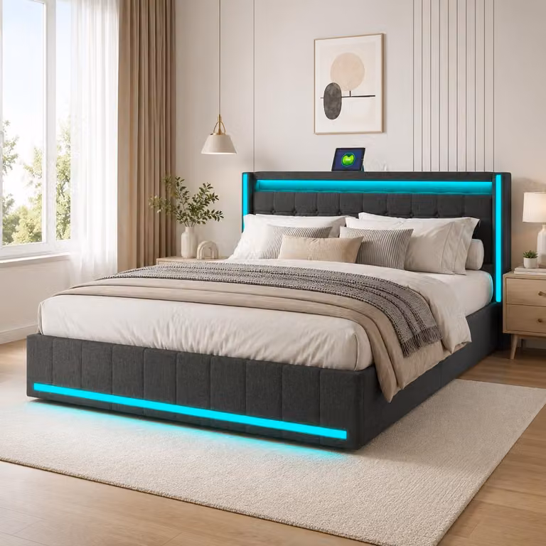 Letto matrimoniale INONEFT con contenitore, dimensioni 140x200 cm, imbottito con 4 cassetti, letto per ragazzi con luci LED, prese USB e Type-C, struttura con rete a doghe, colore grigio scuro, rivestito in lino