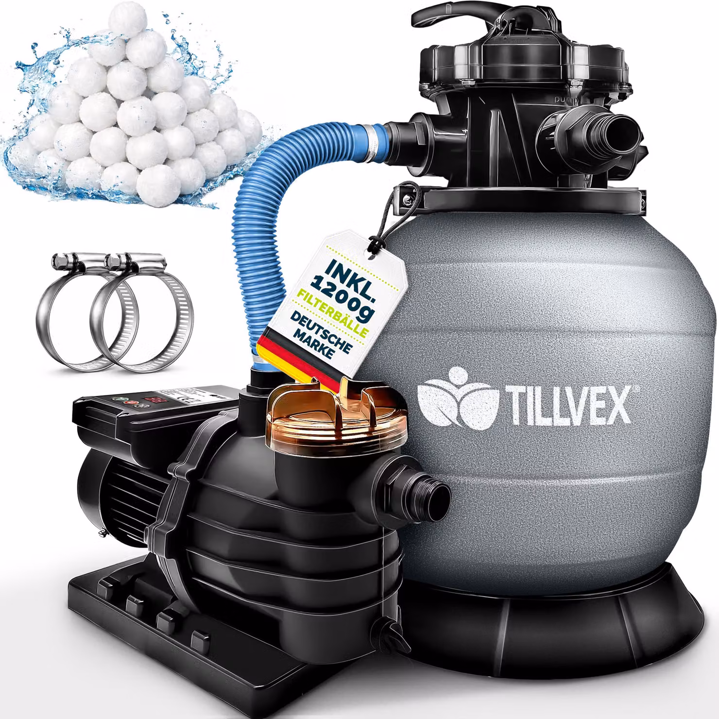 Impianto di filtrazione a sabbia tillvex® per piscina con timer, grigio, da 13.200 l/h a 40.000 l + 1200 g di sfere filtranti | Impianto di filtrazione con valvola a 7 vie e adattatore 2 in 1 Ø 32-38 mm | Filtro per piscina autoaspirante | Filtro a sabbia