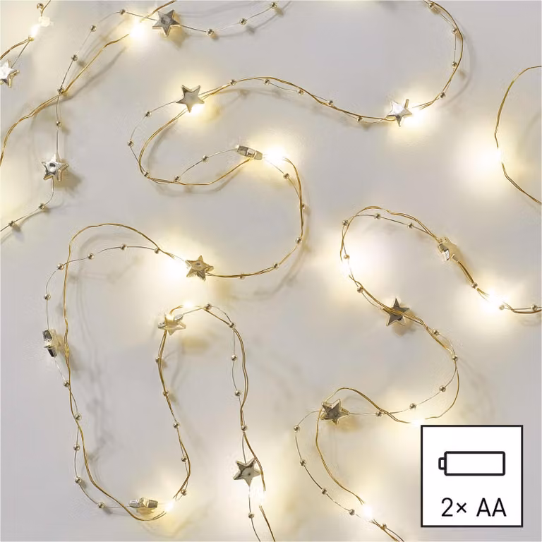 Catena di Natale EMOS LED oro - stelle, 1,9 m, 2x AA, per interni, bianco caldo, timer, DCGW09