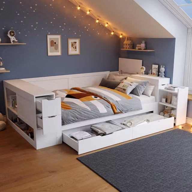 Letto contenitore multifunzionale WISHDOR in legno MDF bianco con cassetti e ripiani, L/P: 140 x 200 cm