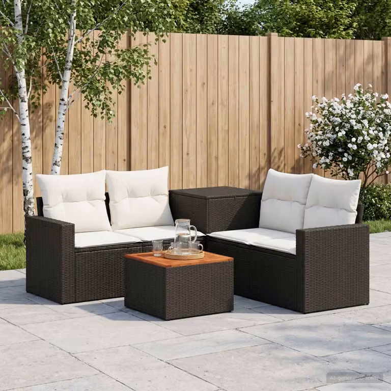 Set di divani da giardino vidaXL in polyrattan nero e bianco crema con tavolo da caffè e cuscini inclusi