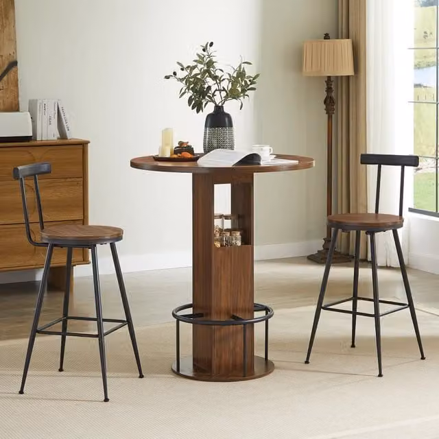 Set Tavolo Rotondo e 2 Sgabelli Minimal in Legno e Metallo Colore Noce, Diametro: 80 cm