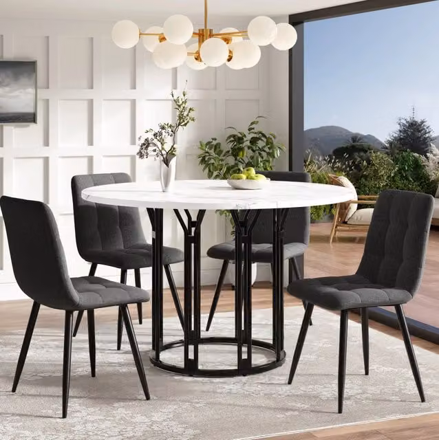 Tavolo da pranzo rotondo MODFU in MDF effetto marmo nero e bianco con base a colonna in metallo Diametro: 100 cm, Altezza: 74 cm